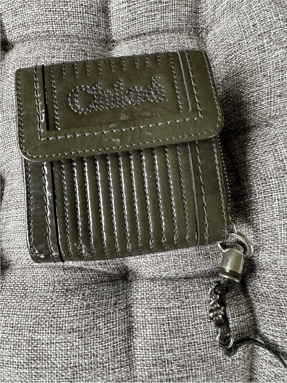 Chloé Olive Green Patent Leather Zip Around Wallet Authentic